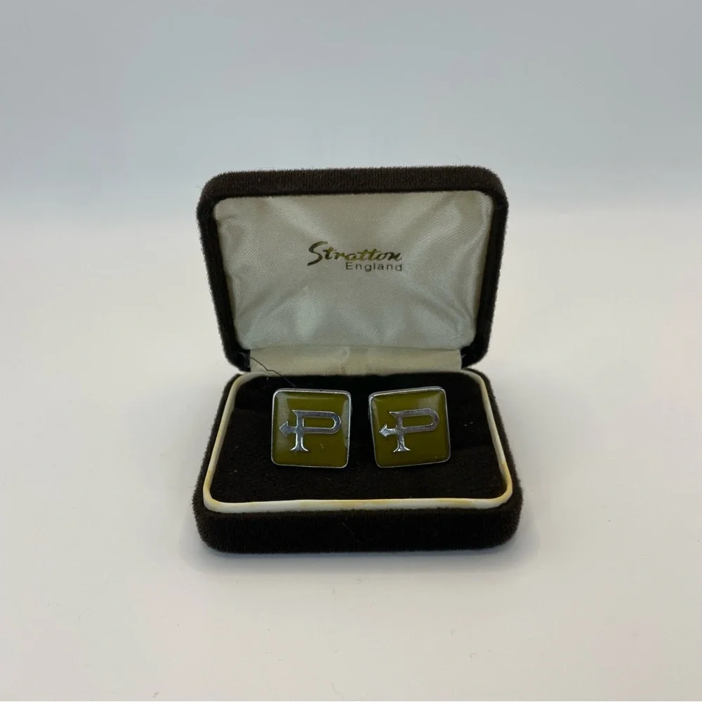Vintage Green Yellow Enamel Letter P Cufflinks Silver Tone Initial Set